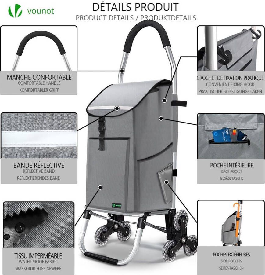 Boodschappentrolley met 6 wielen van aluminium met waterdicht geïsoleerd vak en haken boodschappentrolley opvouwbaar 3-in-1 tas trappen grijs