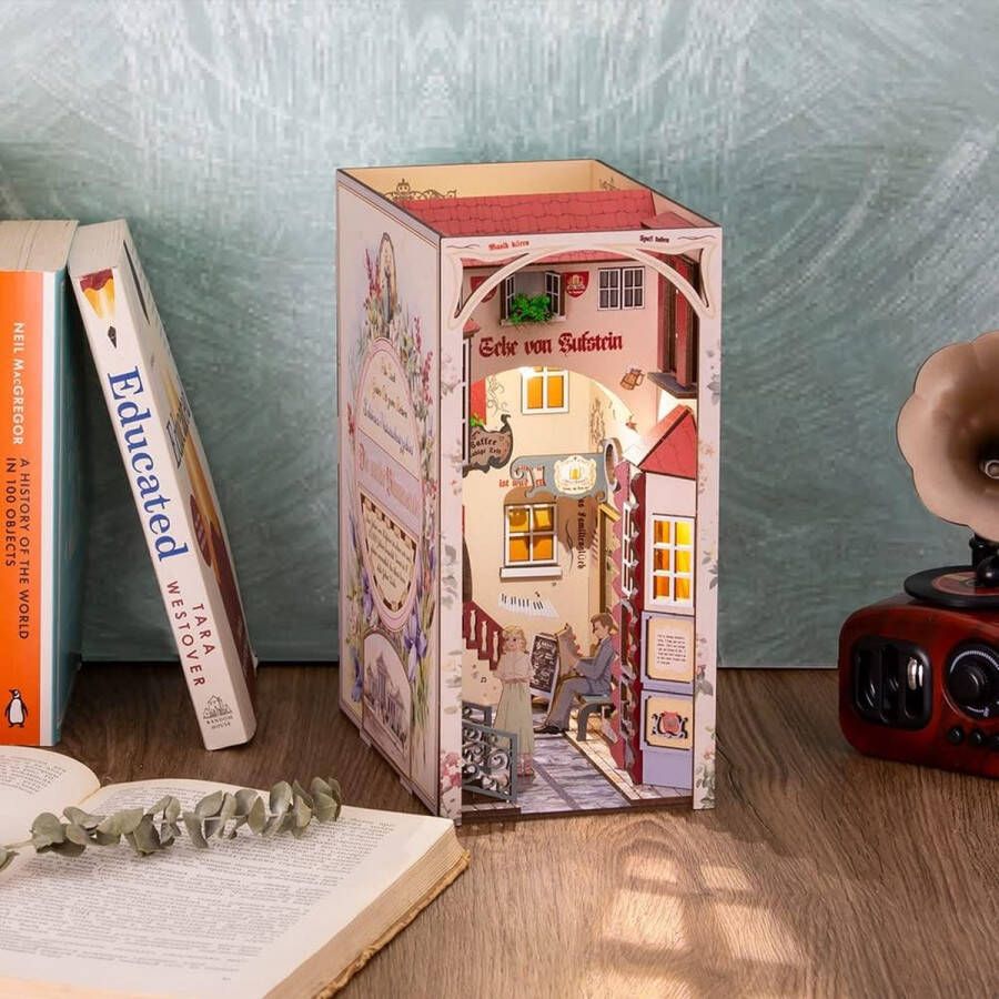 Book Nook Poppenhuisset van hout boekenhoek doe-het-zelf miniatuur poppenhuis bibliotheek boekenstandaard huis modelbouwset met ledlampen boekenkast-decoratie (YS07)