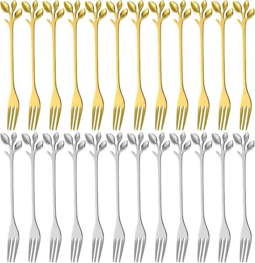 Bootoow dessertvorken set van 24 4 72 inch (12 cm) bladcake-cakevorken mini-cakevorken roestvrijstalen vorken vaatwasmachinebestendig spiegelgepolijste vorken cakevorkenset (goud + zilver)