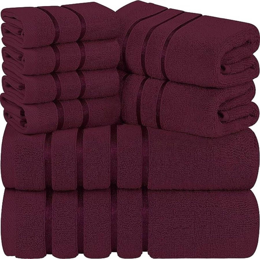 Bordeauxrode Handdoekenset 8 Stukje Viscose Streep Handdoeken Ring Gesponnen Katoen Sterk absorberende Handdoeken (Pakket van 8)