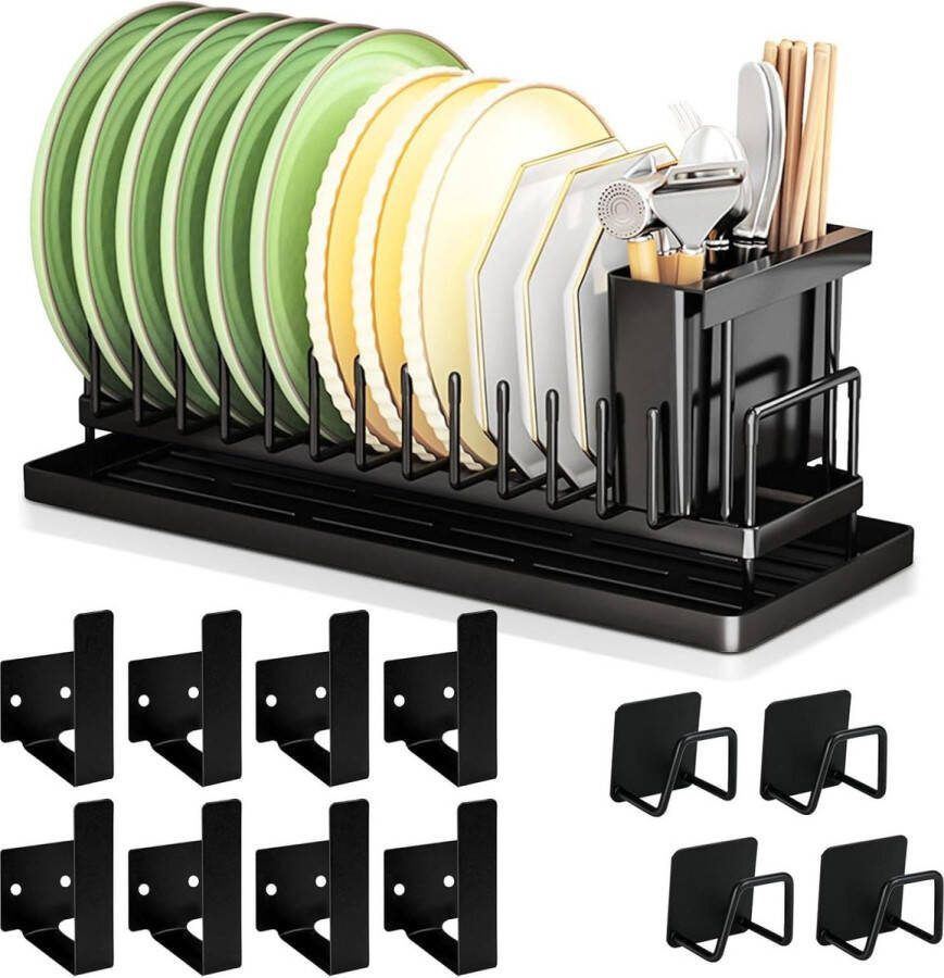 Bordenrek met bestek-afdruiprek-4 stuks-wandgemonteerde pannendekselhouders-sponshouders-keuken opbergrek- roestvrij staal- borden servies-bestek-Efficiënte keukenorganisatie