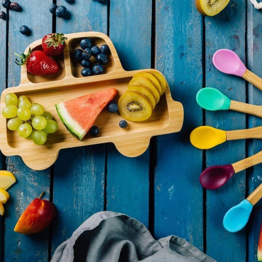 Bordenset van bamboe voor in de auto zuignapborden lepel FSC-gecertificeerd kinderborden snackschaaltjes babyservies blauw