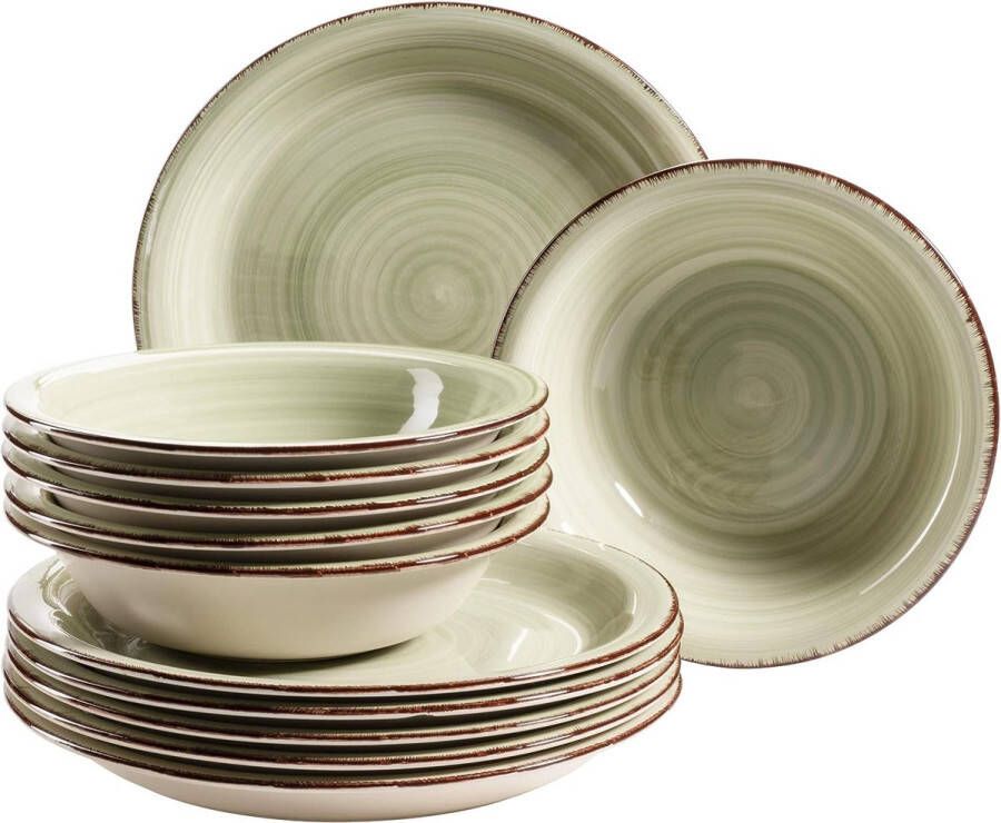 Bordenset voor 6 personen in moderne vintage look 12-delig tafelservies handbeschilderd groen aardewerk