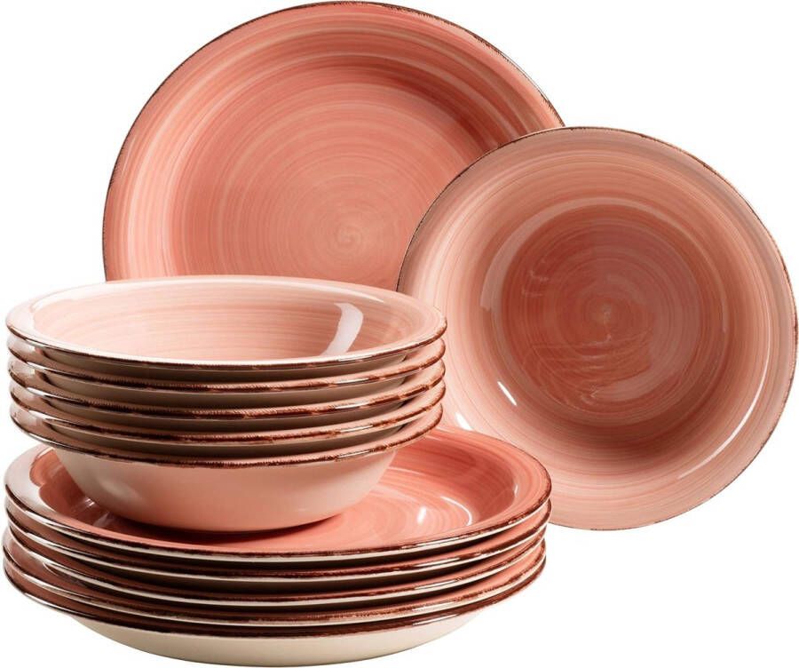 Bordenset voor 6 personen in moderne vintage look 12-delig tafelservies handbeschilderd roze aardewerk