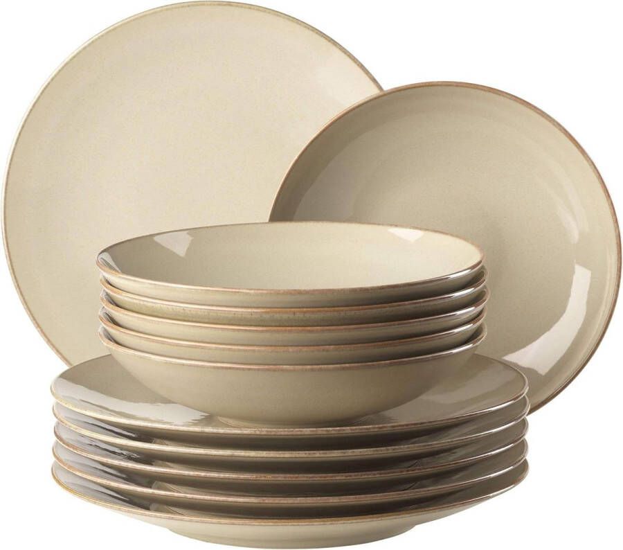 Bordenset voor 6 personen Mediterrane vintage look Moderne 12-delige Ossia tafelservies Soepborden en platte borden Zandgrijs keramiek Bordenset
