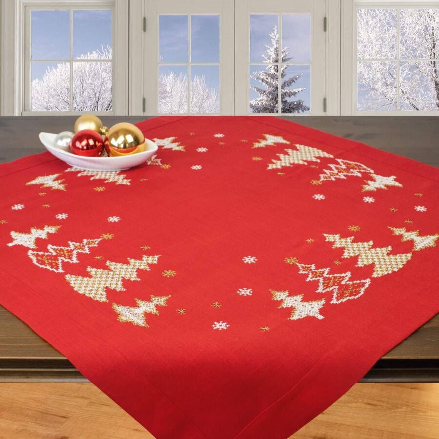 Borduurpakket rood compleet voorgetekende kruissteek tafelkledenset winter borduurset met borduursjabloon voor volwassenen borduren voor Kerstmis en Kerstmis