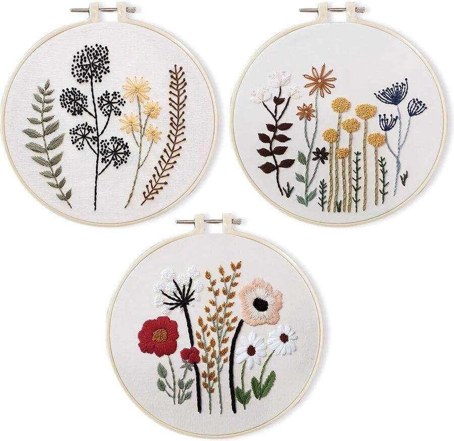 Borduurset voor volwassenen borduurset voor beginners bloemenpatroon met 3 stuks borduurlijsten kleurdraden gereedschap en handleiding (mogelijk niet beschikbaar in het Nederlands)