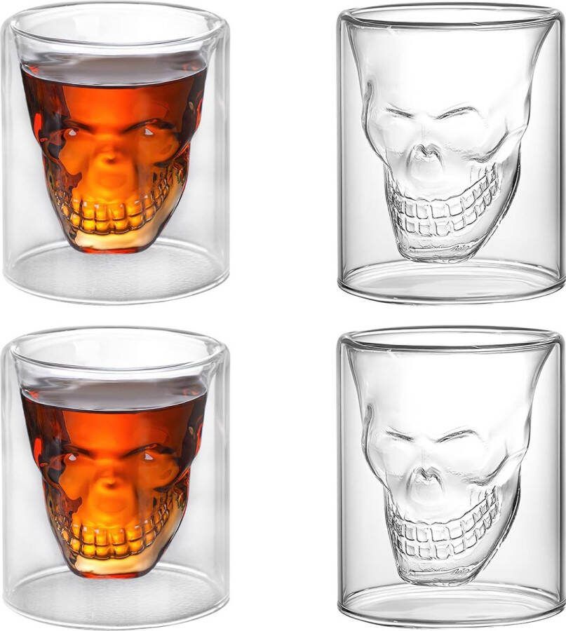 Borrelglaasjes set van 4 borrelglaasjes schedelglazen tequilaglazen schedelborrelglas voor wodka whiskyglas aan beide zijden gevuld 25 ml volume