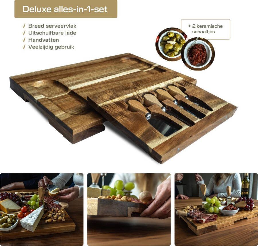 Borrelplank Tapasplank Serveerplank Uitschuifbare kaasplank Inclusief tapasschaaltjes Inclusief kaasmesjes