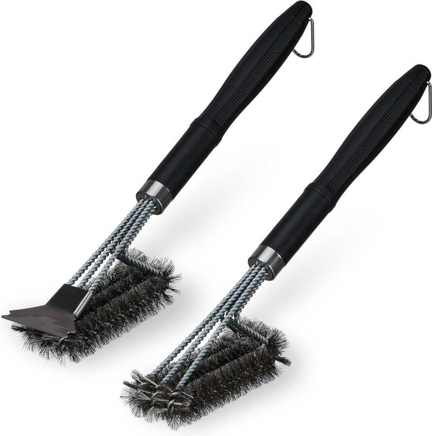 Borstel set van 2 rvs met schraper 45 cm lang barbecuerooster schoonmaken grillborstel zwart