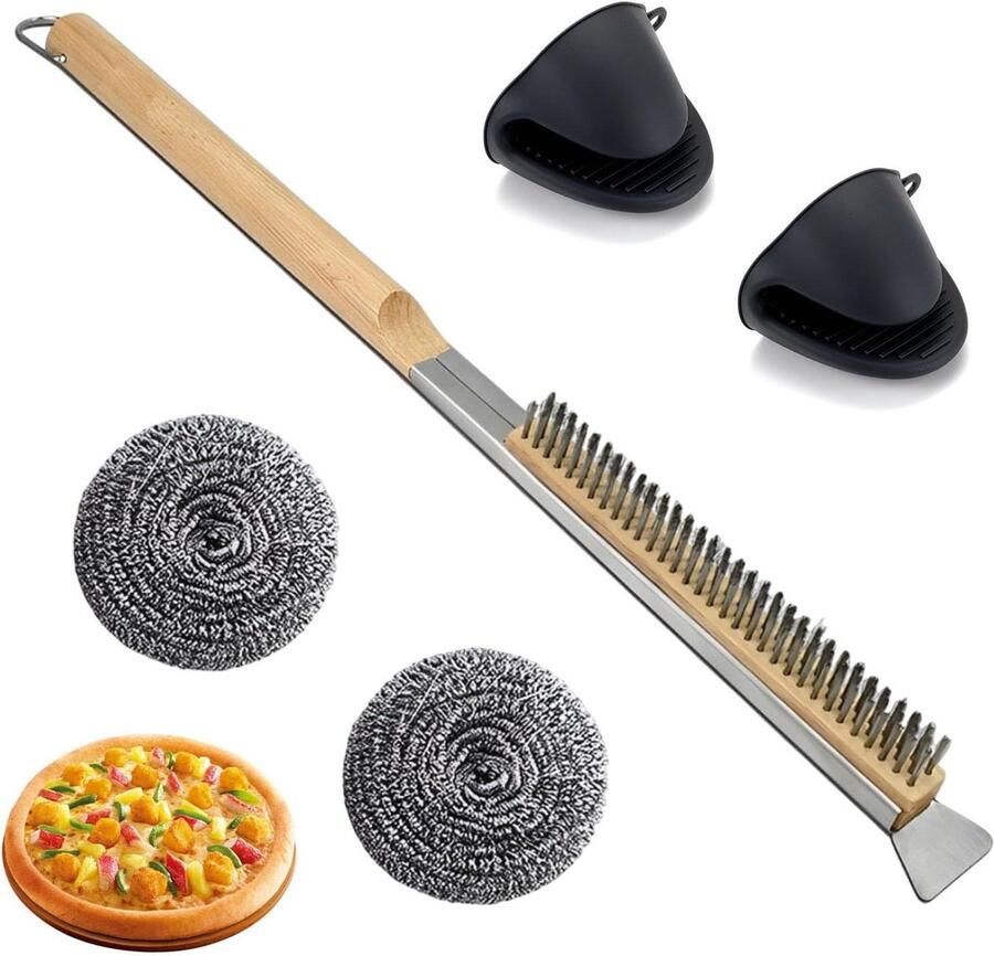 Borstel voor pizzaoven en pizza-ovensteen reinigen met schraper barbecue grillreinigingsgereedschap houten handvat keukenaccessoires schoonmaakborstel voor keukens draagbaar