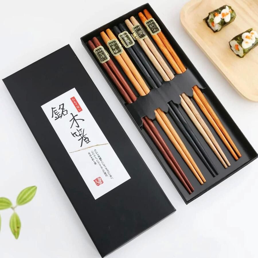 Bosdontek Japanse Sushi Eetstokjes 5 Paar Eetstokjes Hout Herbruikbare Natuurlijke Eetstokjes Wasbaar Voor Vaatwasbakjes Eetstokjes Met Luxueus Zwart Handgemaakt
