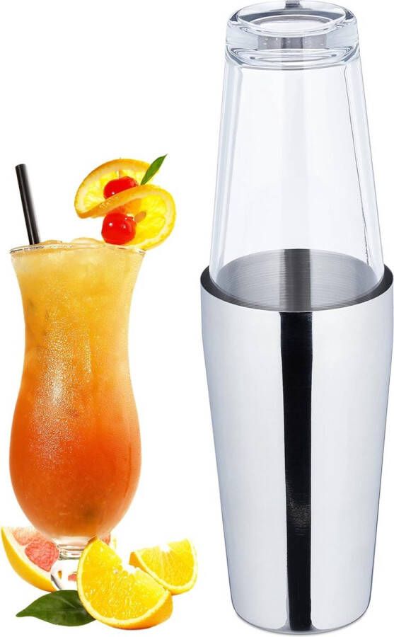 Boston Cocktail Shaker 2-delige Cocktail Mixer 400 & 600 ml Roestvrij staal & Glas Professioneel Zilver Transparant 28.5 x 8.7 x 8.7 cm