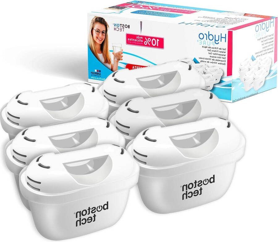 Boston Tech Hydro Pure Cartridges Waterfilter Compatibel met Brita Maxtra en Maxtra + Kannen 12 Maanden Gebruik (6x60 dagen per filter) Vermindert Kalkaanslag Chloor en Microplastics