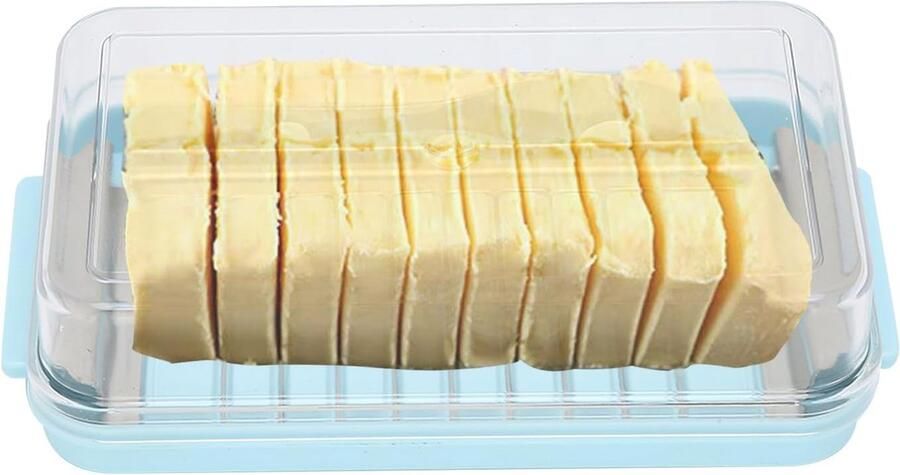 Boterdoos roestvrijstalen botersnijder snijapparaat 2 in 1 botersnijcontainer met transparant deksel boterkaasdoos voor het bewaren van kaas voor keukenkoeling (blauw)