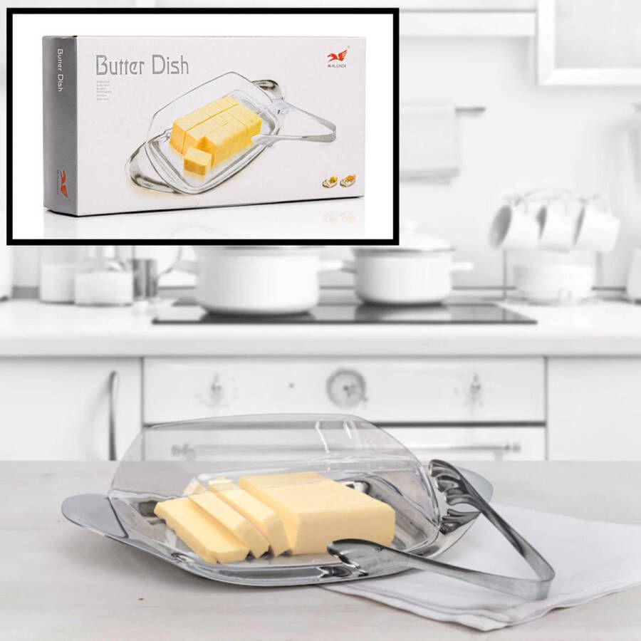 Merkloos Sans marque Decopatent Botervloot Boterschaal met kunststof deksel en metaal Boter Tang Botervlootje Boter RVS & Glas Butter Dish