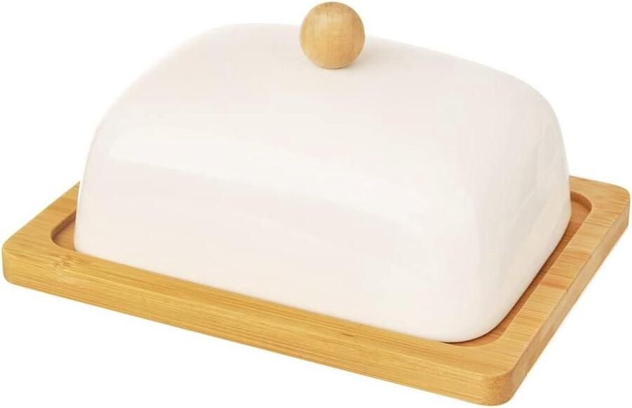 Botervloot met deksel ecologische botercontainer wit porselein en bamboehout tafel- en keukendecoratie 16x13x85 cm
