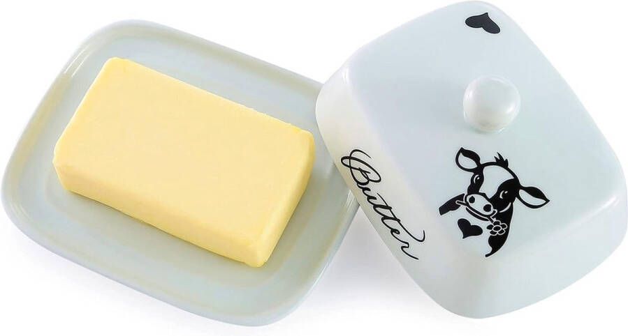 Botervloot met handvat voor 250 g boter hoogwaardig keramiek wit met zwart koeienhoofdpatroon porselein klassieke botervloot botercontainer boterdoos vaatwasmachinebestendig