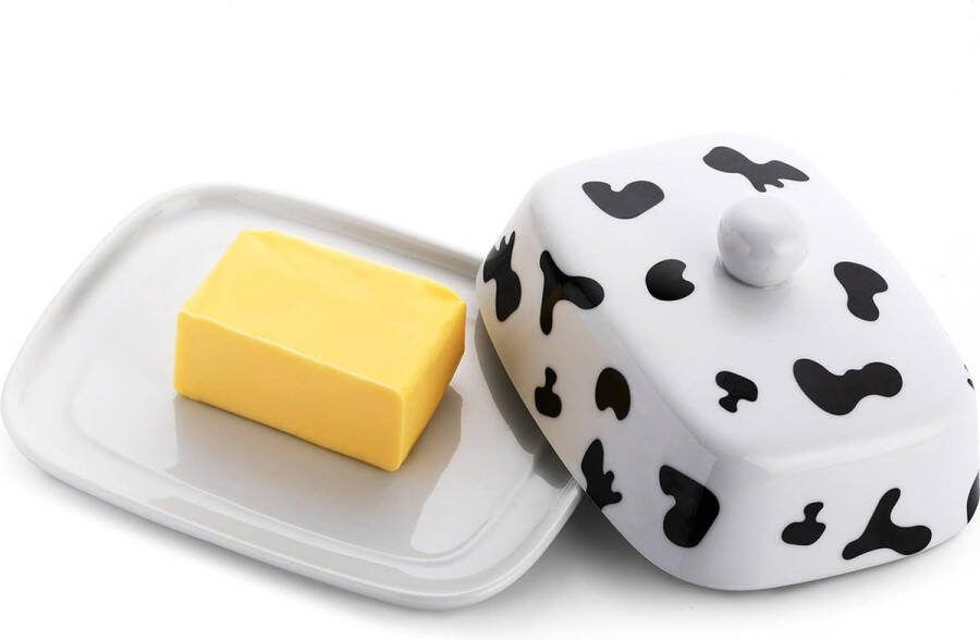Botervloot met handvat voor 250 g boter hoogwaardig keramiek wit met zwarte koeienvlekken porselein klassieke botervloot boterkom botervat botervaas