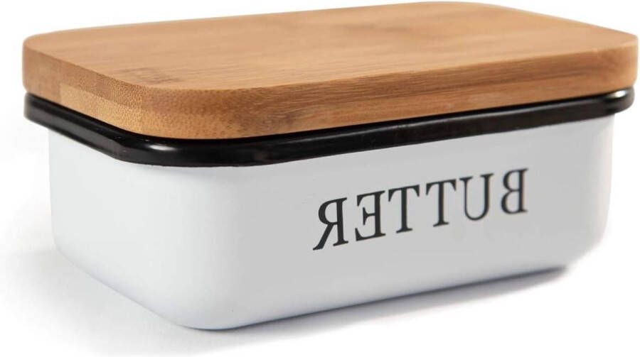 Botervloot met houten deksel boterbel 250 g boter multifunctioneel boterschotel elegant en duurzaam bamboe deksel wit kaasstolp