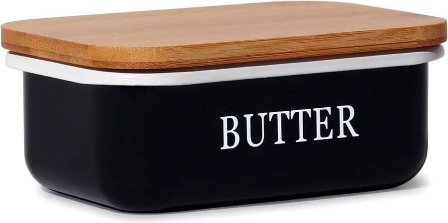 Botervloot met houten deksel voor 250 g boter multifunctionele boterschotel elegant en duurzaam bamboedeksel (zwart)