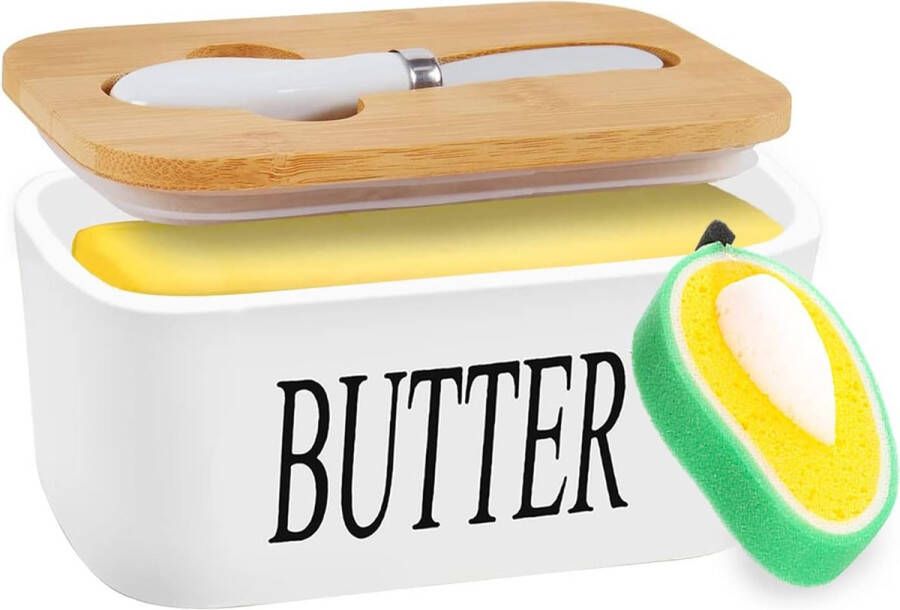 Botervloot porselein boterschaal met botermes voor 250 g boter + schoonmaakspons duurzame container van bamboe met deksel milieuvriendelijk met bamboe deksel