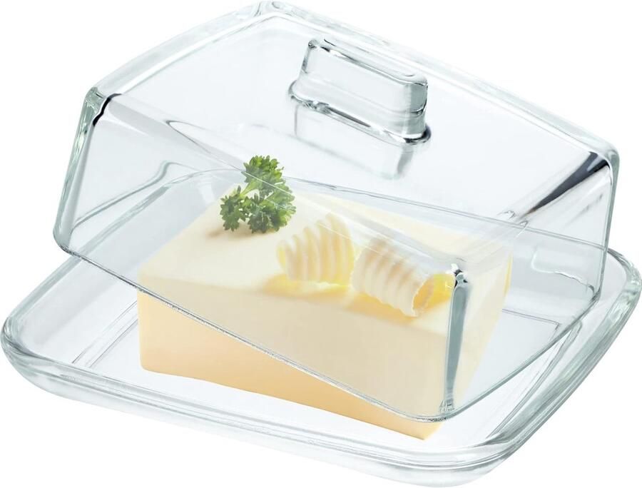 Botervloot van glas rechthoekige boterbel heldere boterschaal met deksel en handvat botervat boterglas vaatwasmachinebestendig