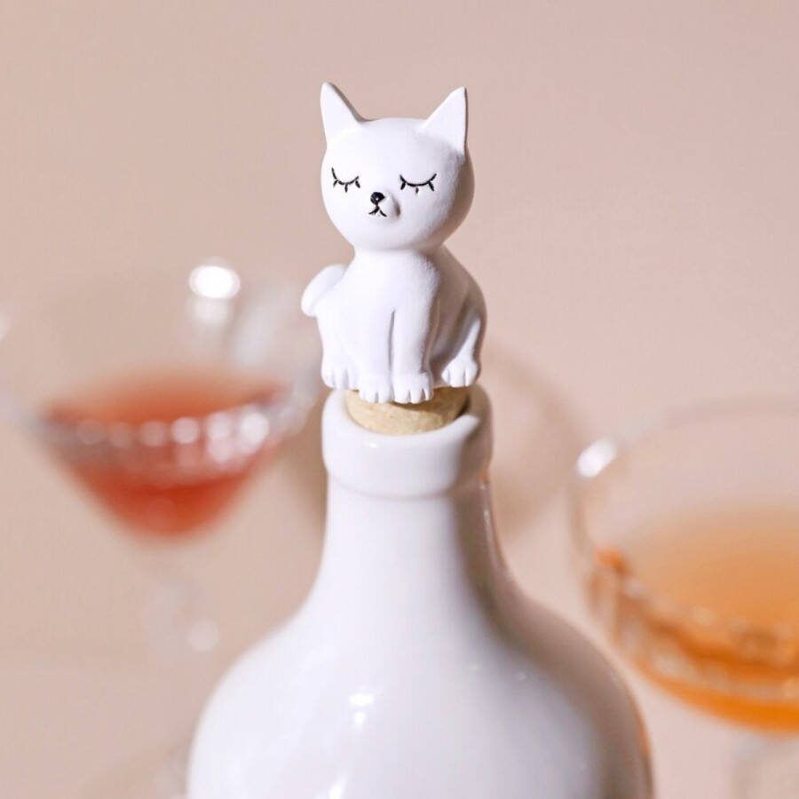 Bottle Stopper Flessenstop Zittende Witte Kat Wijnstopper