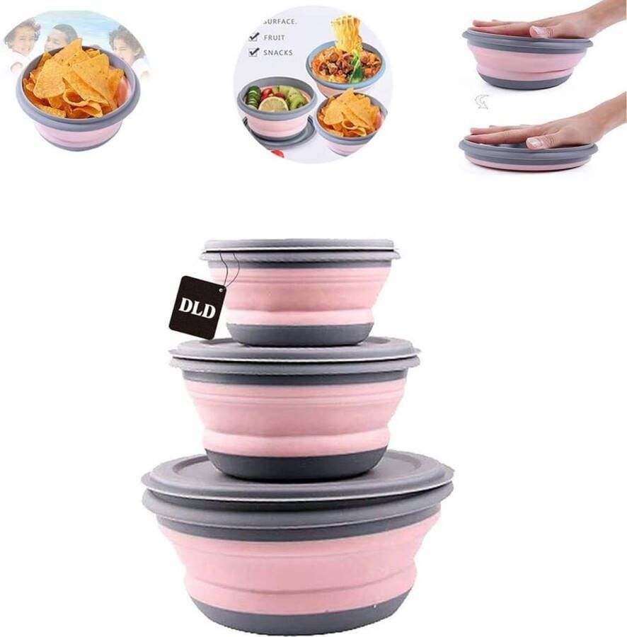 Bowl Sets Voedselopslag Outdoor Servies Siliconen Opvouwbare Lunchbox Draagbare Slakom met Deksel voor Outdoor Camping Wandelen (Roze)