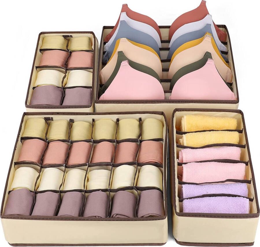 Box voor lade 4-pack lade-organizersysteem opvouwbare garderobe-organizer stoffen vouwdoos voor ondergoed beha's sokken stropdassen ladeverdeler kubussencontainer beige