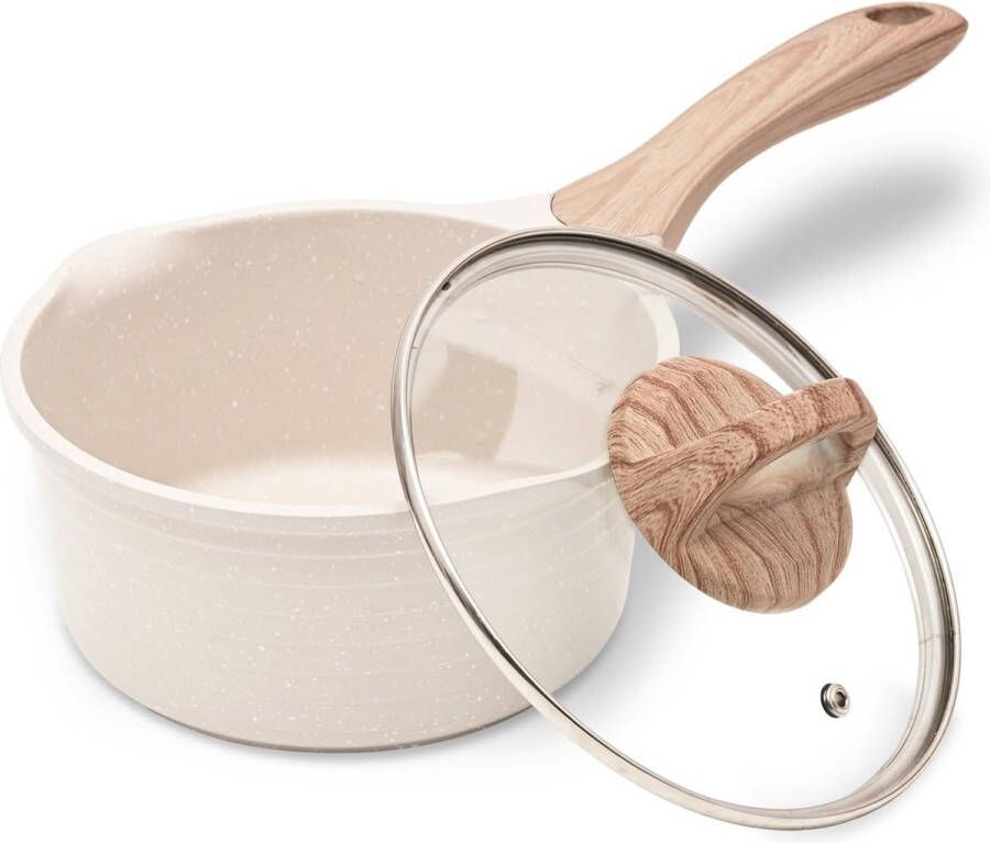 Braadpan 20 cm 2 4 L steelpan met deksel kleine braadpan steelpan melkpan gecoate melkpan geschikt voor inductie elektrisch en gas (beige)