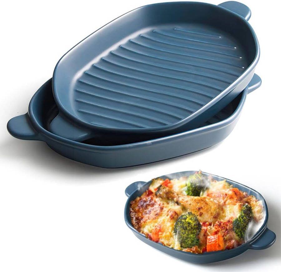 Braadpan 26 x 18 cm lasagnevorm met handvat ideaal voor 2 personen bakvorm ideaal voor oven keramiek bakvorm lasagne bakvorm 2 stuks (blauw)