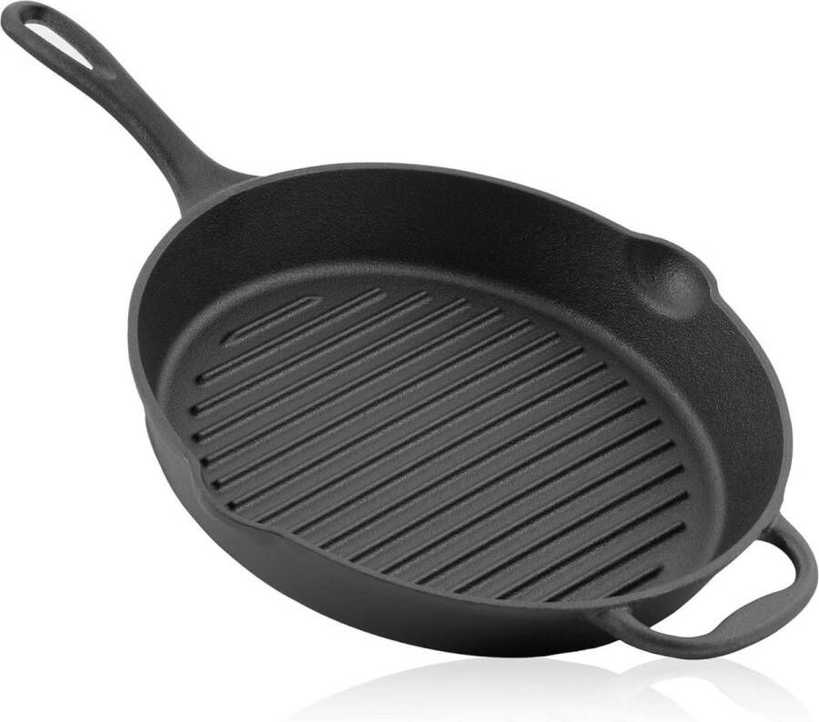 Braadpan 29cm met handvat en twee schenktuiten geribbelde grillpan voor oven