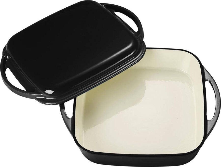 Braadpan en pan 2-in-1 set Universeel gietijzeren ovenschaal Met deksel en emaille coating Geschikt voor oven grill BBQ en inductie Zwart 15 liter Ø 24 6 cm