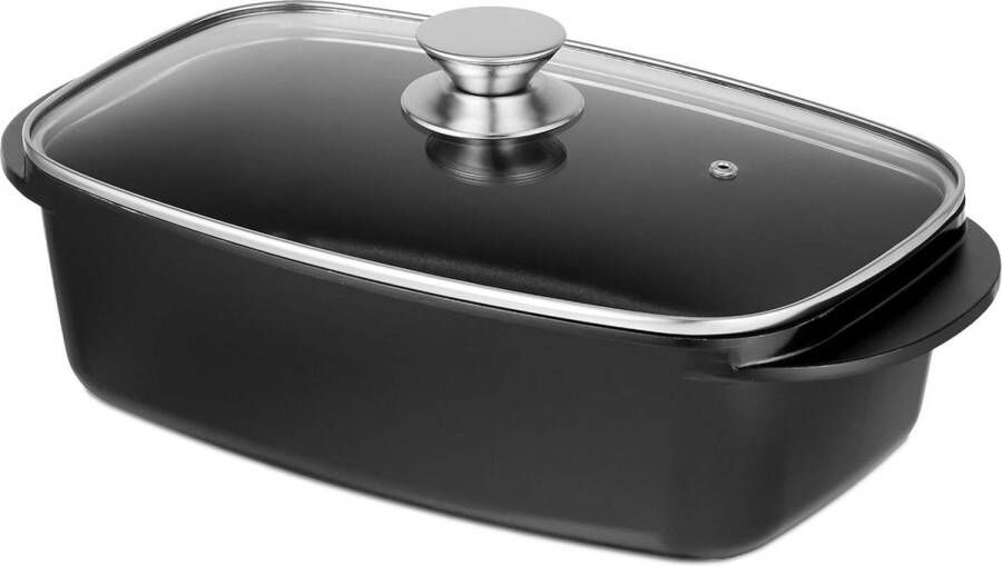 Braadslede met deksel 5 liter ovenschaal met handgreep aluminium en glas voor gasvuur en kookplaten zwart