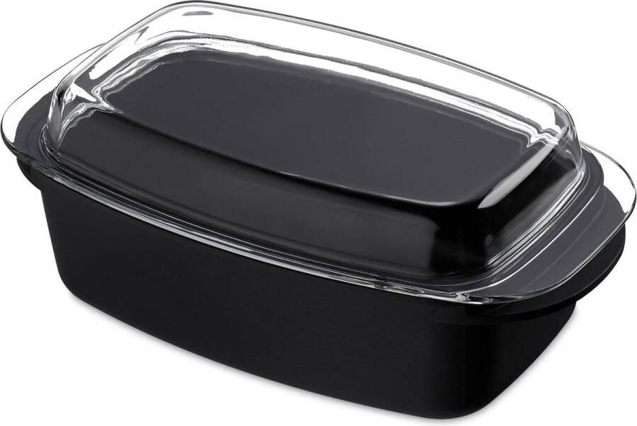 Braadslede met glazen deksel anti aanbaklaag ovenschaal gegoten aluminium vaatwasbestendig 39 cm zwart