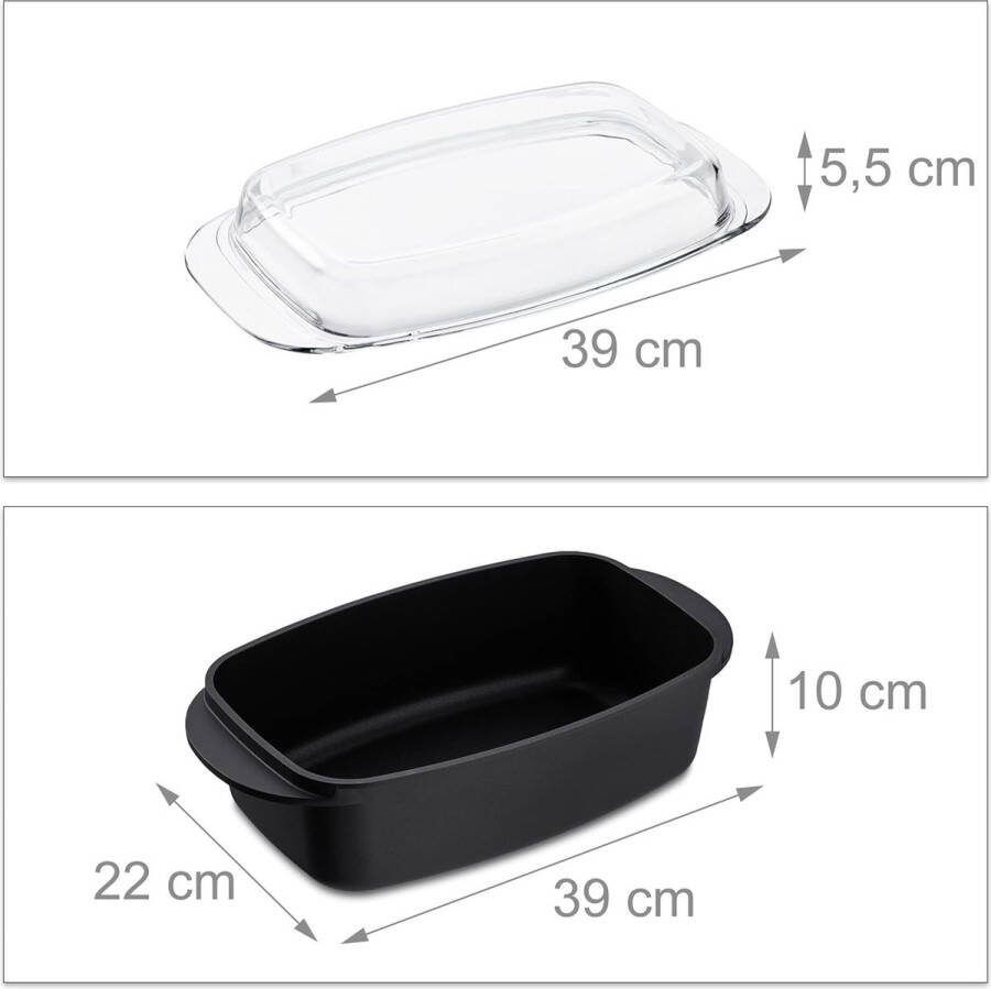 Braadslede met glazen deksel anti aanbaklaag ovenschaal gegoten aluminium vaatwasbestendig 39 cm zwart