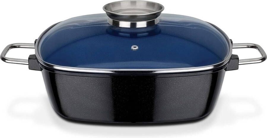 Braadslee Geschikt voor Inductie Vierkant met Aroma-Glasdeksel 5 Liter Gegoten Aluminium Keramiek Zwart Kobaltblauw