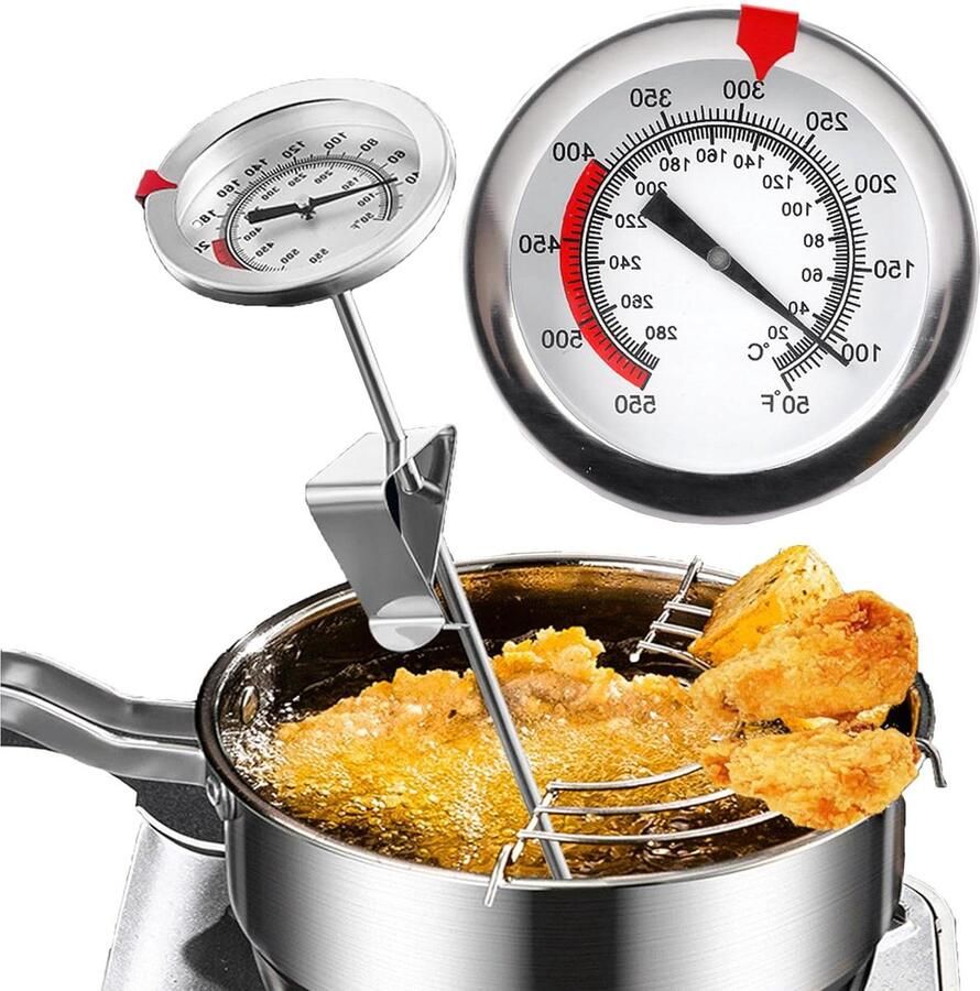 Braadthermometer Roestvrij Staal Bimetalen Wijzerthermometer Analoge Vleesthermometer tot 290 ° C 200 mm Sonde Koffiethermometer met Clip