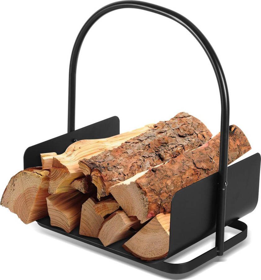 Brandhoutrek houtopslag zwart Metaal 40 x 30 x 46 cm Haardhoutrek Haardhoutstandaard Metalen stapelhulp met één handvat haardhout opslag