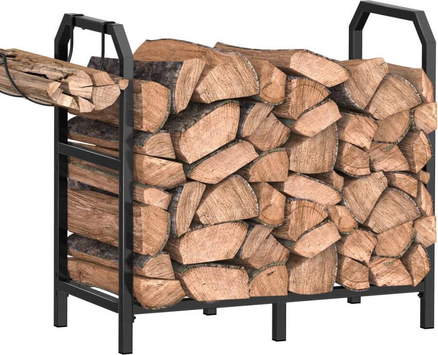 Brandhoutrek van metaal brandhoutrek met 2 haken voor binnen en buiten 65 x 33 x 61 cm moderne brandhoutmand brandhoutstandaard voor hout krant of brandhout zwart