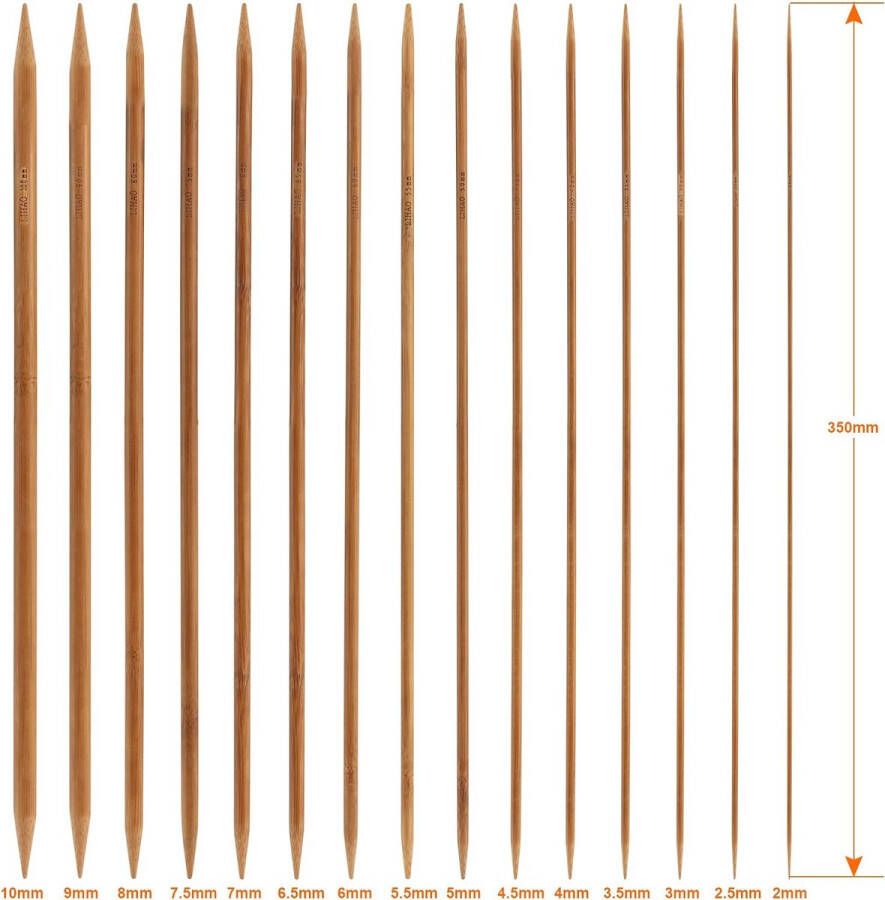 Breinaalden bamboe set 15 maten (75 stuks) 2 0-10 0 mm haaknaalden dubbelpuntig handwerk breinaalden gehaakt haken