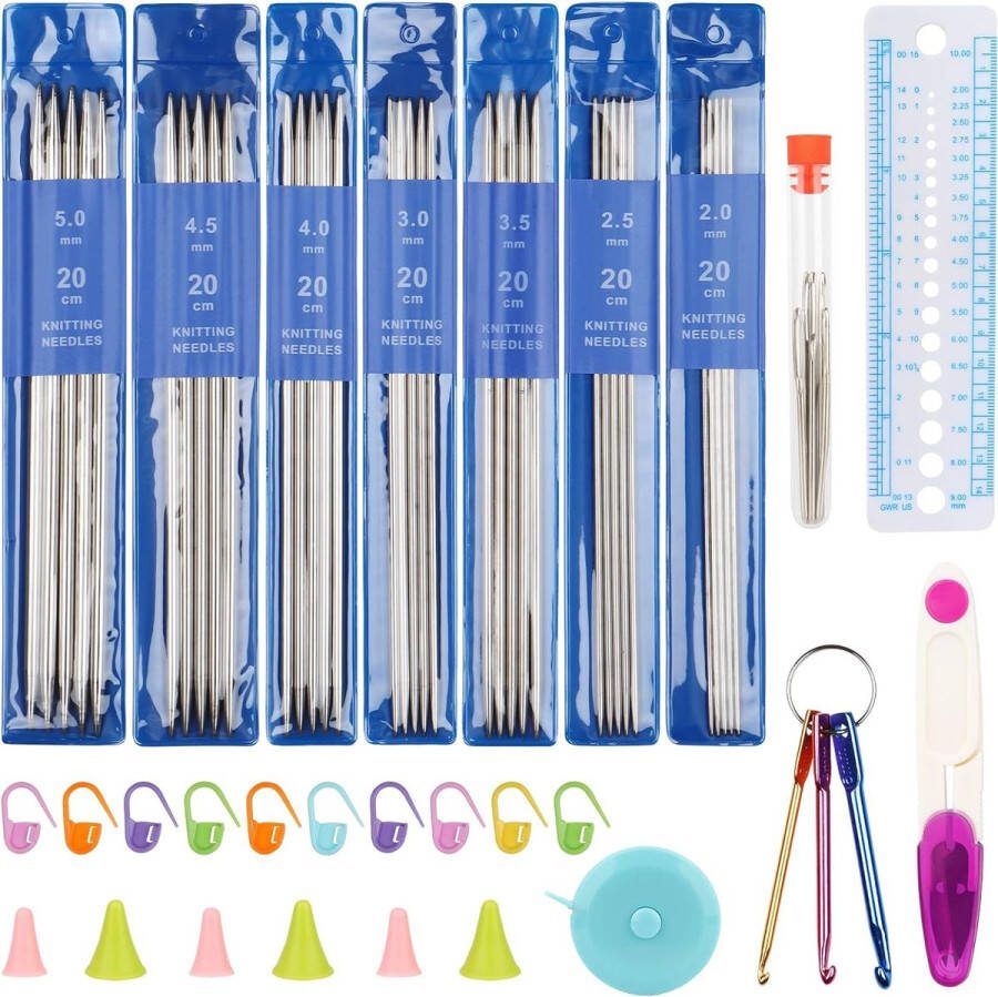 Breinaaldenset 35 stuks roestvrij staal dubbele punten breinaalden met breiaccessoires 20 cm metalen naaldspel set 2 0-5 0 mm korte rechte breinaalden voor sokken en kleine projecten