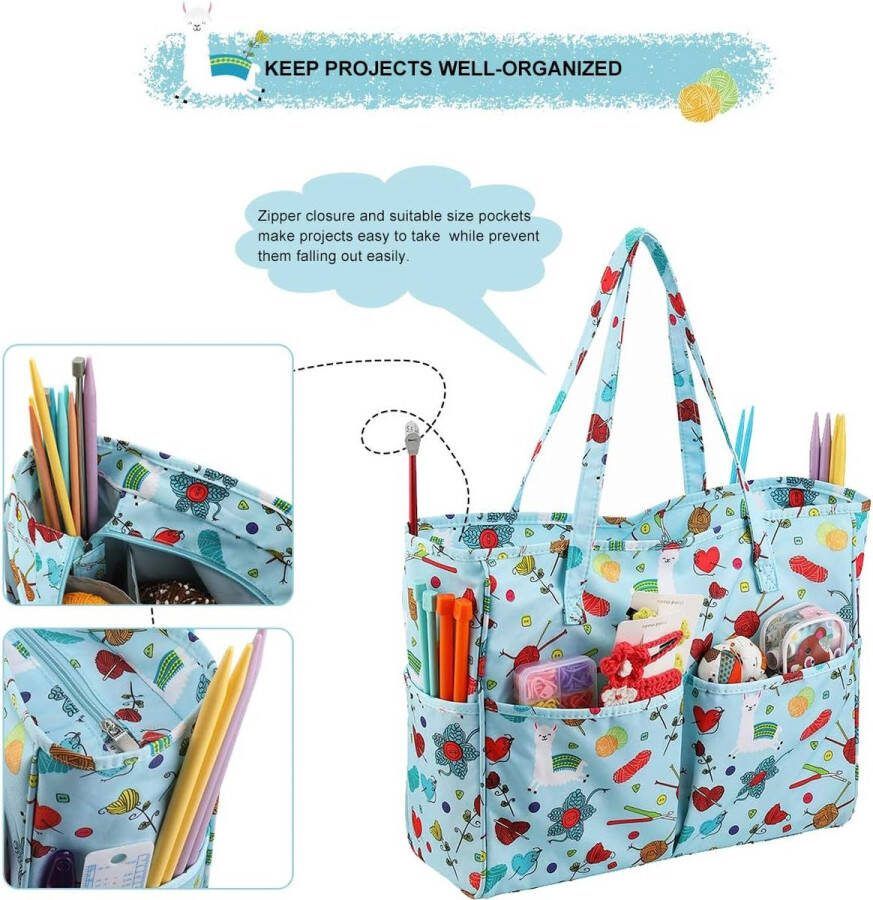 Breitas opbergtas voor garen met meerdere zakken garenballen haaknaalden organizer voor brei-accessoires (blauw)