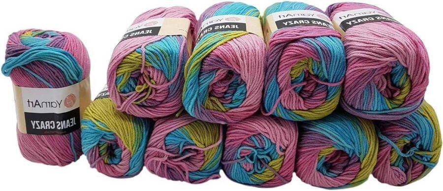 Breiwol YarnArt Jeans Crazy 8211 10 x 50 g 55% katoen Meerkleurig wol garen Blauw Kiwi Roze Lila
