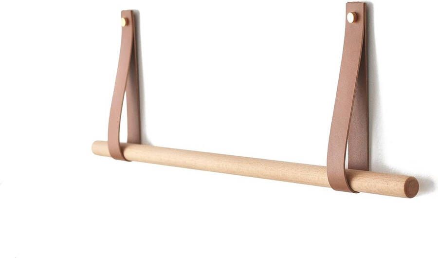 Bridge Design Kledingstang hangend met leren band garderobestang hout kledingrek wandgarderobe handdoekhouder wandrek wand