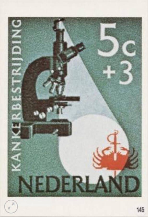 Briefkaart met afbeelding microscoop met het embleem van de Kankerbestrijding postzegel