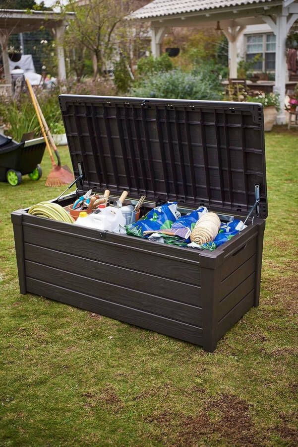 Brightwood Kussenbox 454 liter volume waterdicht taupe houtlook zitbank voor 2 volwassenen (max. 300 kg) 145 x 69 7 x 60 3 cm multifunctionele kist