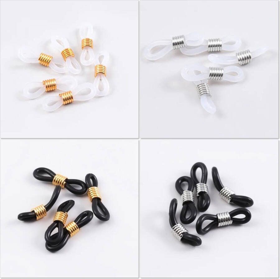 Bril Elastiekjes met Stainless Steel (19 x 4 mm) Zwart Goud Transparant Goud Zwart Staal Transparant Staal (16 Stuks) Brillenkoord Eindjes Siliconen Eindjes Schuifjes DIY Hobby