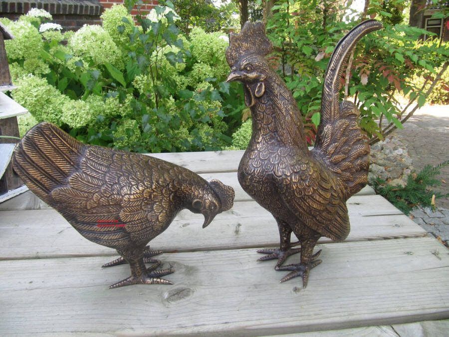BRONZEN HAAN EN HEN KIPPEN TUINBEELD BRONS